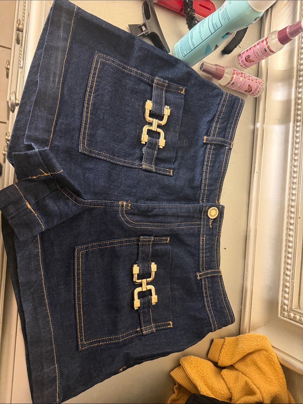 BOLD elements Dark Blue Denim Shorts with Gold Hardware